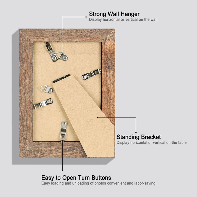 iRahmen 5x7 Picture Frame Set of 4, High Definition Real Glass Rustic Brown Frame, 5 x 7 Wood Photo Frames for Tabletop Display and Wall Mounting - Image 5